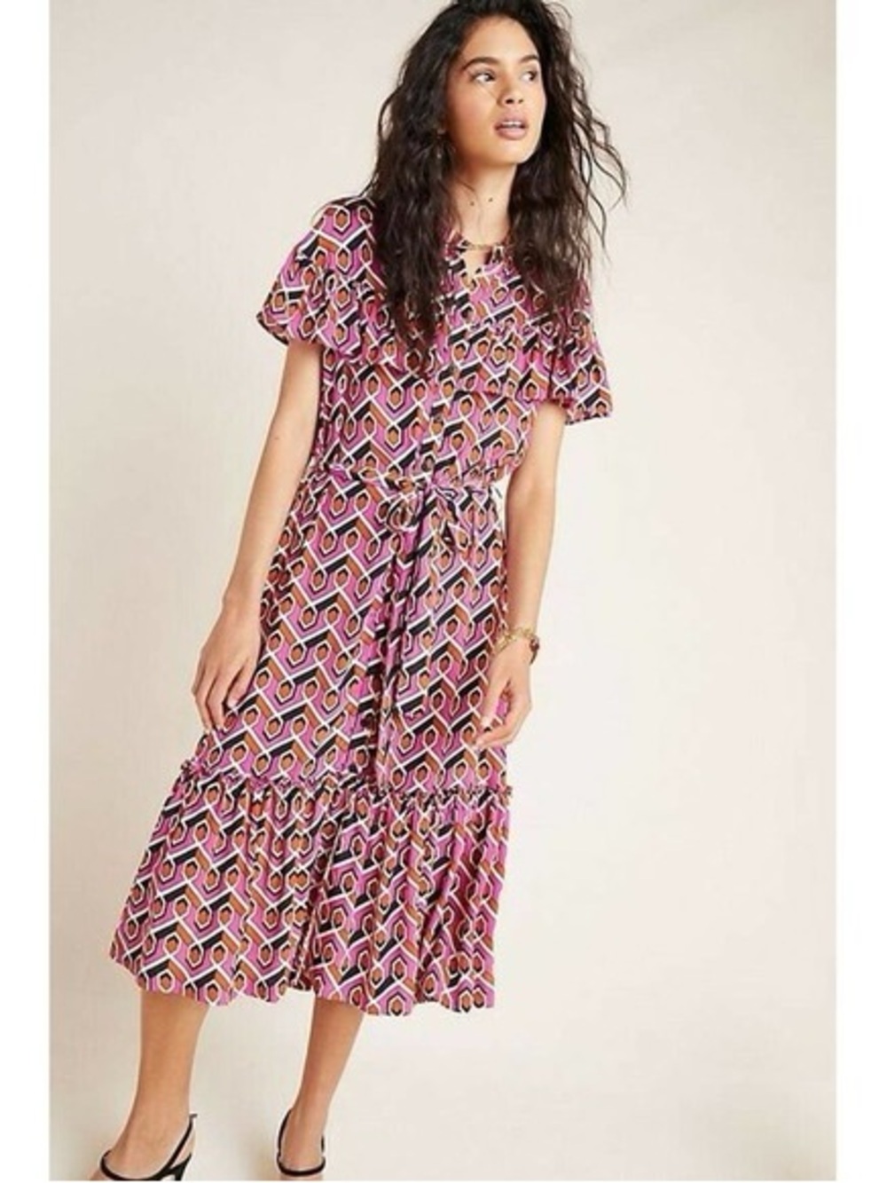 Corey Lynn Calter Anthropologie Pink Geometric Tie-Waist Midi Dress Size Small